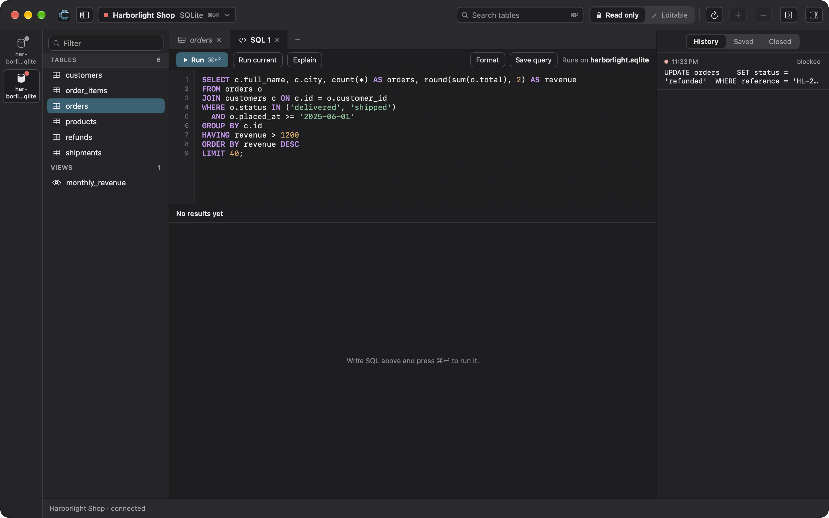 Cedvel in dark mode with a filtered table