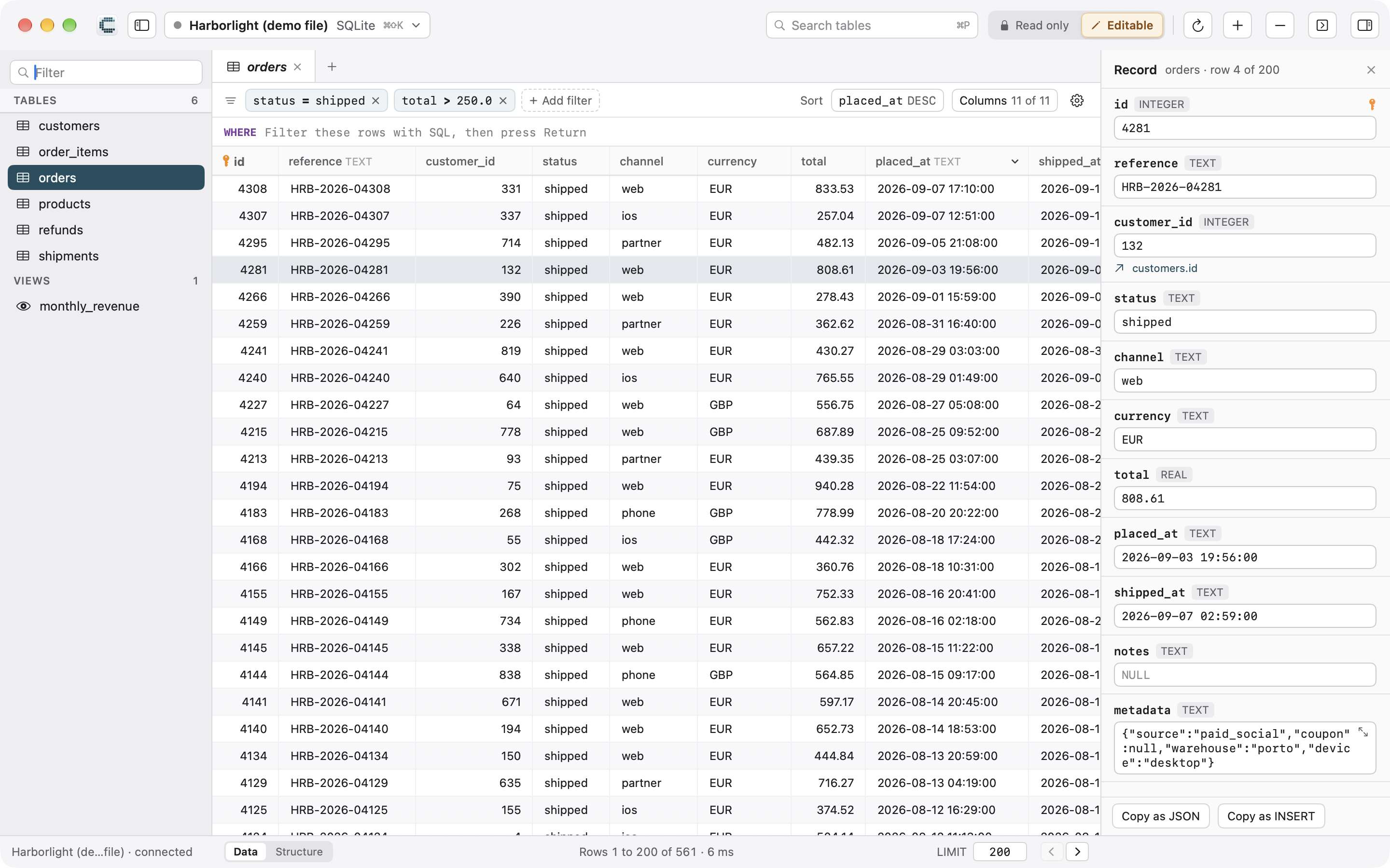 Cedvel browsing a table of orders, with filters and the record panel open