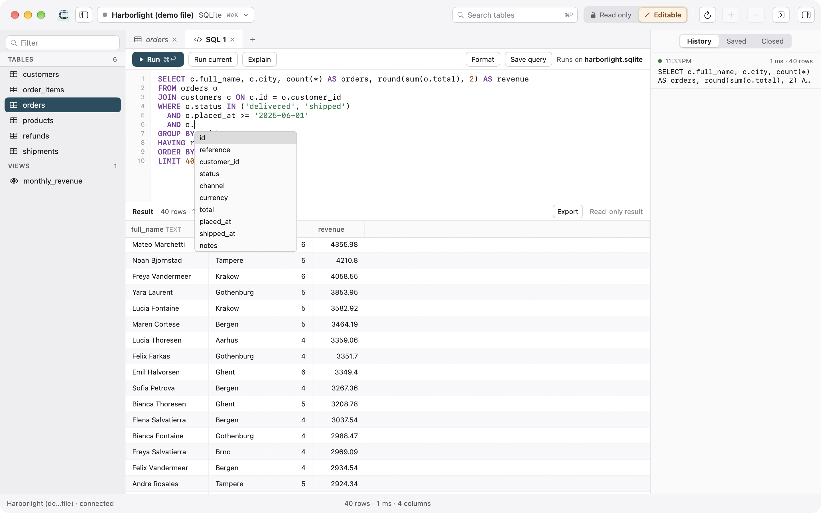 A SQL query in Cedvel with its results below
