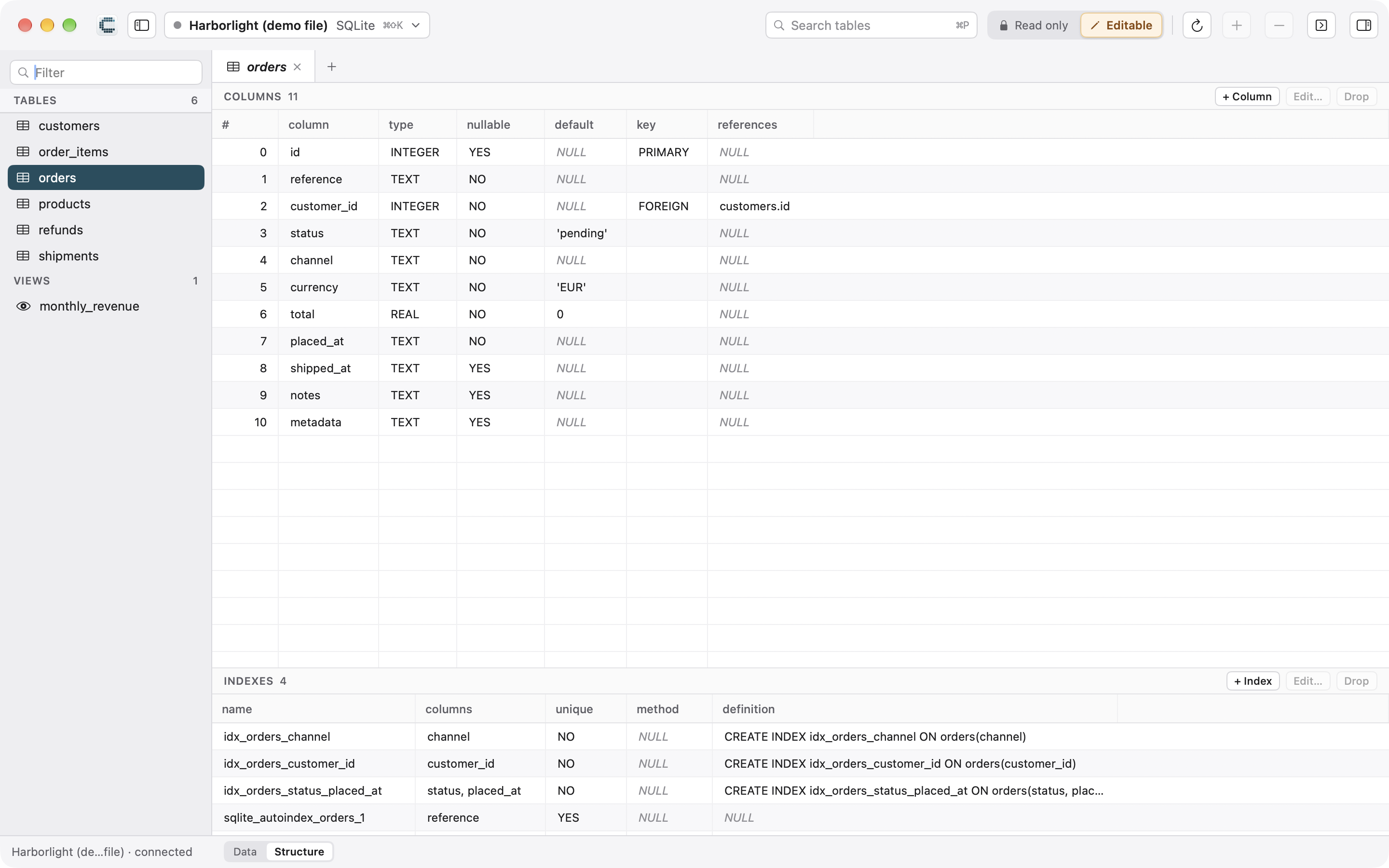 The structure view showing columns and indexes
